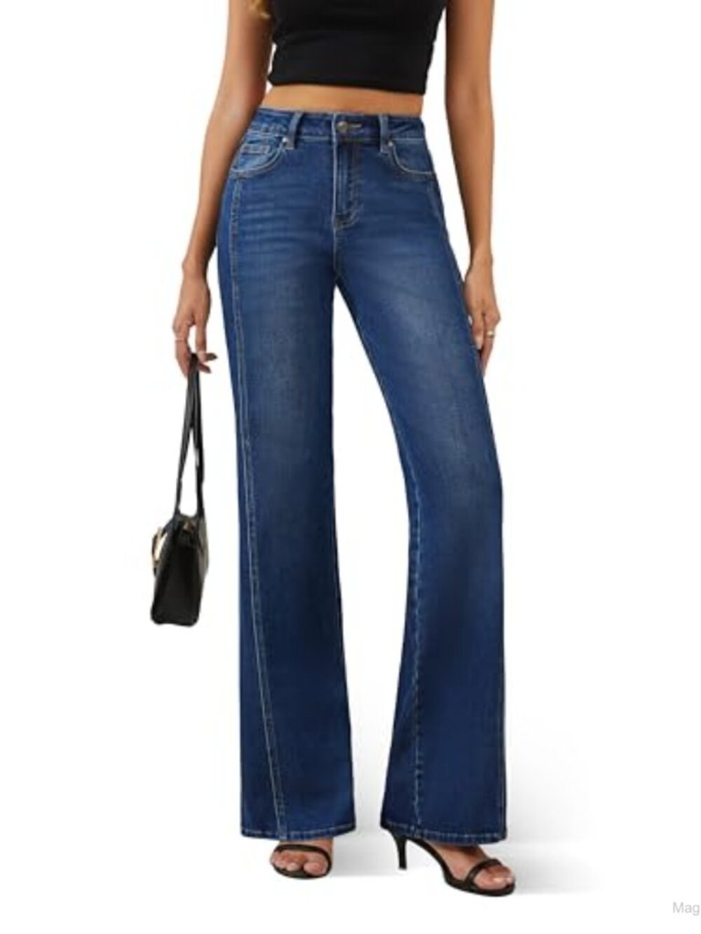 High Waisted Wide Leg Jeans Stretchy Denim Pants Front Seam